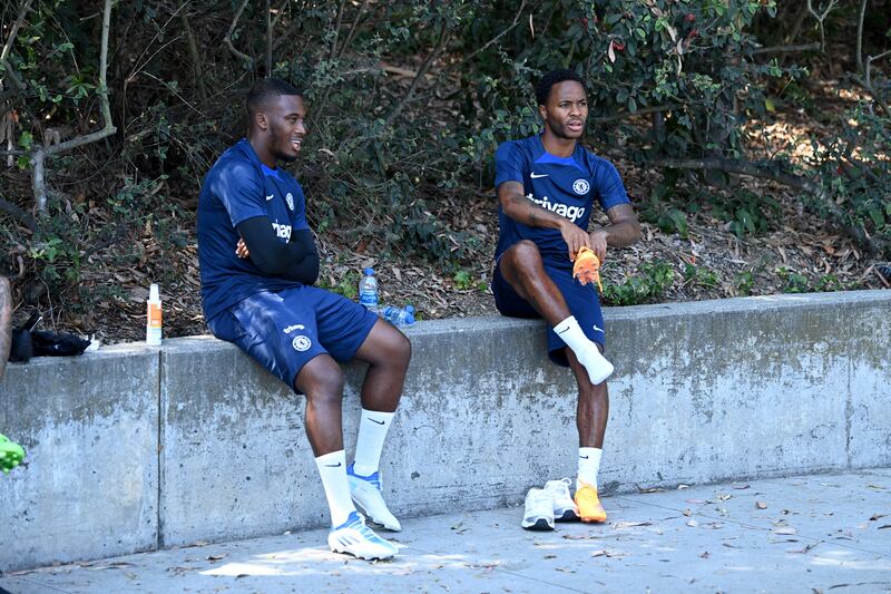 Callum Hudson-Odoi and Raheem Sterling of Chelsea before a training session at Drake Stadium UCLA Campus in Los Angeles, California.