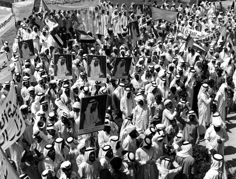 A public rally in support of the leadership of Sheikh Zayed Bin Sultan Al Nahyan, 1st October 1976 
National Archives images supplied by the Ministry of Presidential Affairs to mark the 50th anniverary of Sheikh Zayed Bin Sultan Al Nahyan becaming the Ruler of Abu Dhabi. *** Local Caption ***  38.jpg