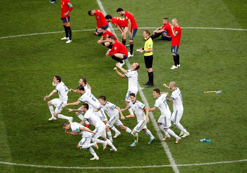 Soccer Football - World Cup - Round of 16 - Spain vs Russia - Luzhniki Stadium, Moscow, Russia - July 1, 2018  Russia players celebrate winning the penalty shootout   REUTERS/Maxim Shemetov     TPX IMAGES OF THE DAY