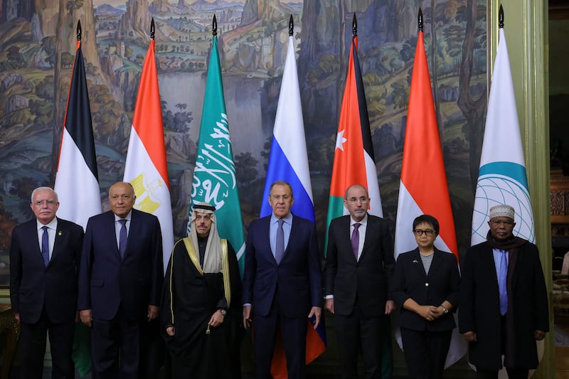 Russian Foreign Minister Sergey Lavrov, centre, poses with counterparts from the Arab League and the Organisation of Islamic Co-operation, in Moscow on Tuesday. AFP