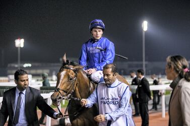 Godolphin horse Barney Roy, pictured with jockey William Buick, at Jebel Hatta. Reem Mohammed / The National