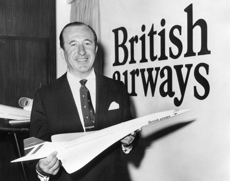 David Nicholson, the first chairman of British Airways after the merger of a number of UK airlines, proudly displays a model of the Concorde in 1973