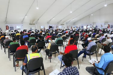 People getting their Covid vaccine at the SEHA Covid vaccination center at Dubai Parks and Resorts in Dubai on April 26,2021. (Pawan Singh/The National). Story by Nick Webster