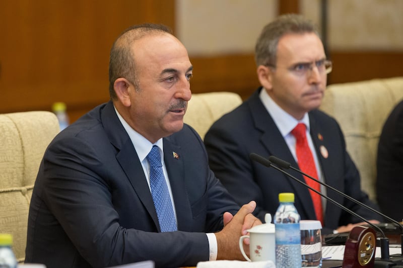 BEIJING, CHINA - AUGUST 3:  Turkish Foreign Minister Mevlut Cavusoglu speaks during the meeting with Chinese Foreign Minister Wang Yi (not pictured) at Diaoyutai State Guesthouse August 3, 2017 in Beijing, China, Cavusoglu is in China for an official visit from 02 to 03 August. (Photo by Roman Pilpey-Pool/Getty Images)