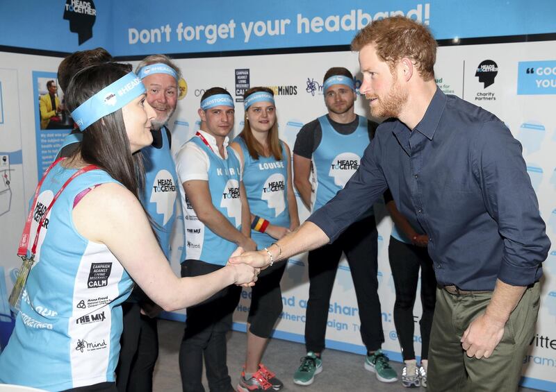 LONDON, ENGLAND - APRIL 19:  Prince Harry meets runners as he officially opens the Virgin Money London Marathon Expo at ExCel on April 19, 2017 in London, England. Prince Harry, who is Patron of the London Marathon Charitable Trust, will hand out race numbers, along with special edition "Heads Together" headbands, which is the official Charity of the Year for this yearÂ’s marathon.  (Photo by Chris Jackson - WPA Pool/Getty Images)