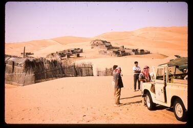 Palm frond huts in Liwa in 1967 with a Trucial Oman Scouts Land Rover in the foreground. Courtesy Nick Cochrane-Dyet