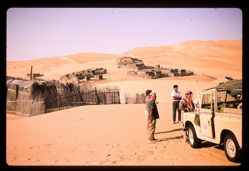 Palm frond huts in Liwa in 1967 with a Trucial Oman Scouts Land Rover in the foreground. Courtesy Nick Cochrane-Dyet
