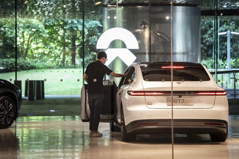 An ET7 sedan at a Nio dealership in Shanghai. The electric vehicle maker is one of the companies installing charging stations in the province of Guangdong. Bloomberg