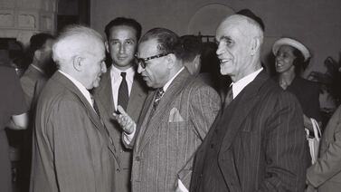 Iranian diplomat Reza Saffinia, centre, chats with then-Israeli prime minister David Ben-Gurion in Jerusalem in 1950. Israel Government Press Office