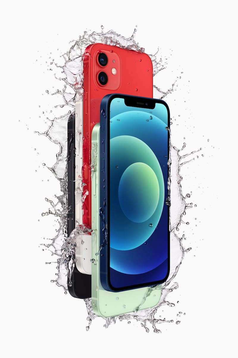 The new iPhone 12 and iPhone 12 mini which have an IP68 rating for water resistance, introduced during a special event at Apple Park in Cupertino, California, USA.  EPA