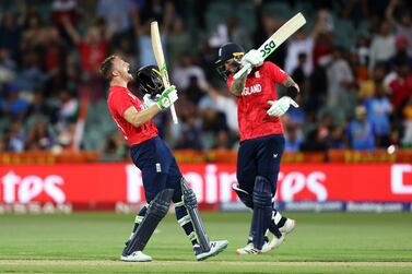 ADELAIDE, AUSTRALIA - NOVEMBER 10: Jos Buttler and Alex Hales of England celebrate victory during the ICC Men's T20 World Cup Semi Final match between India and England at Adelaide Oval on November 10, 2022 in Adelaide, Australia. (Photo by Mark Kolbe / Getty Images)