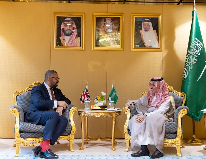 British Foreign Secretary James Cleverly meets with Saudi Arabia's Foreign Minister Prince Faisal bin Farhan Al Saud, in Riyadh, Saudi Arabia. Reuters