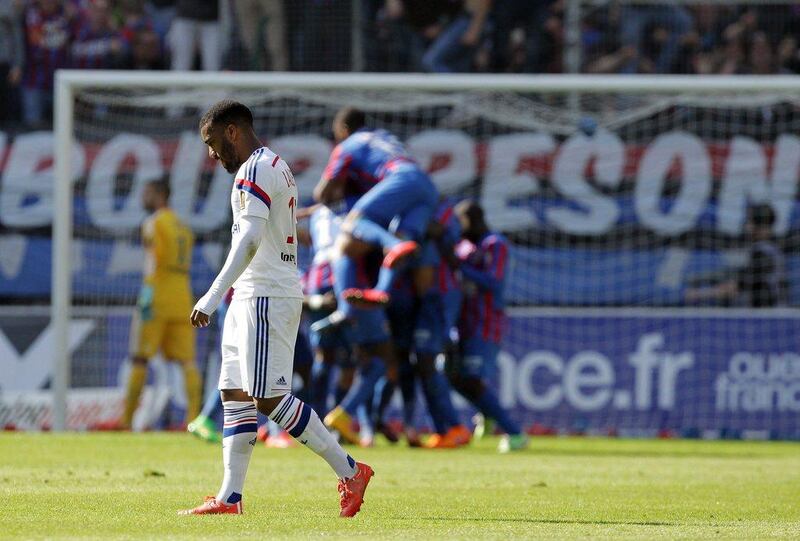 Lyon's Alexandre Lacazette reacts during his side's Ligue 1 loss to Caen on Saturday. Charly Triballeau / AFP / May 9, 2015  