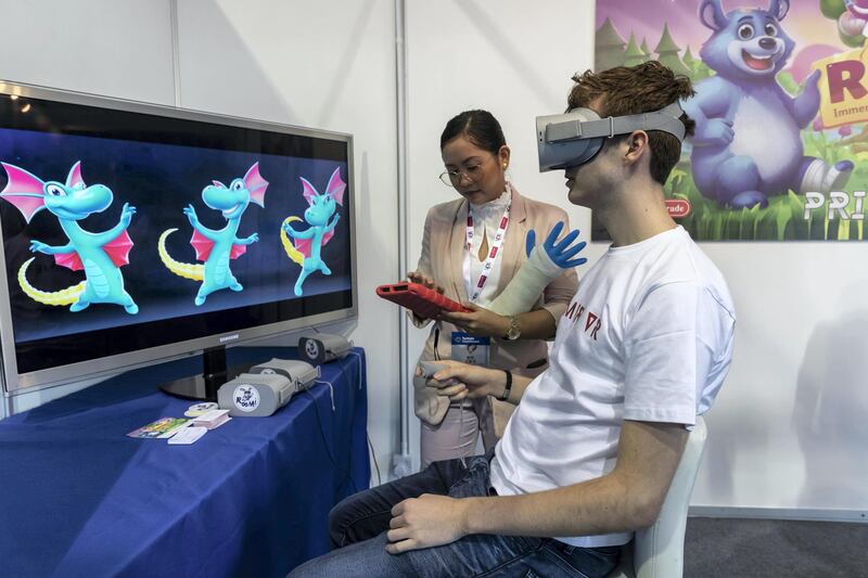 DUBAI, UNITED ARAB EMIRATES. 28 JANUARY 2020. Roomi, an interactive VR expereince for kids who are having cast or bandages placed and removed in medical facilities at Arab Health. (Photo: Antonie Robertson/The National) Journalist: Nick Webster. Section: National.

