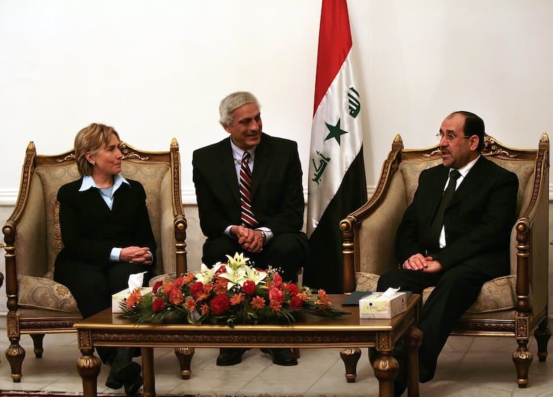 US senator Hillary Clinton speaks with prime minister Nouri Al Maliki on January 13, 2007, in Baghdad.