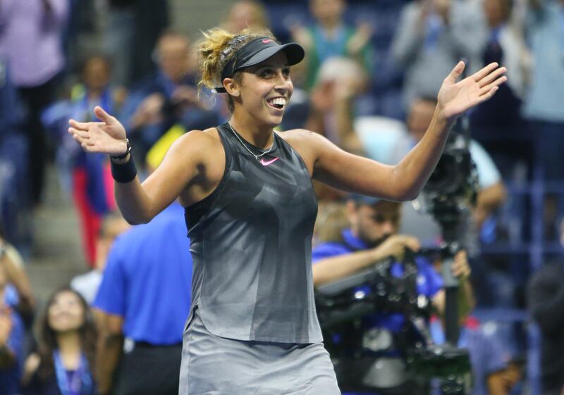 Sep 4, 2017; New York, NY, USA; Madison Keys of the United States celebrates after match point against Elina Svitolina of Ukraine on day eight of the U.S. Open tennis tournament at USTA Billie Jean King National Tennis Center. Mandatory Credit: Jerry Lai-USA TODAY Sports