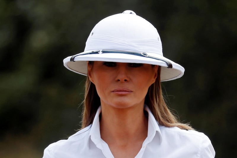 U.S. first lady Melania Trump on safari in Nairobi, Kenya on Friday wearing a style of hat widely associated with colonial imperialism. Photo / Reuters