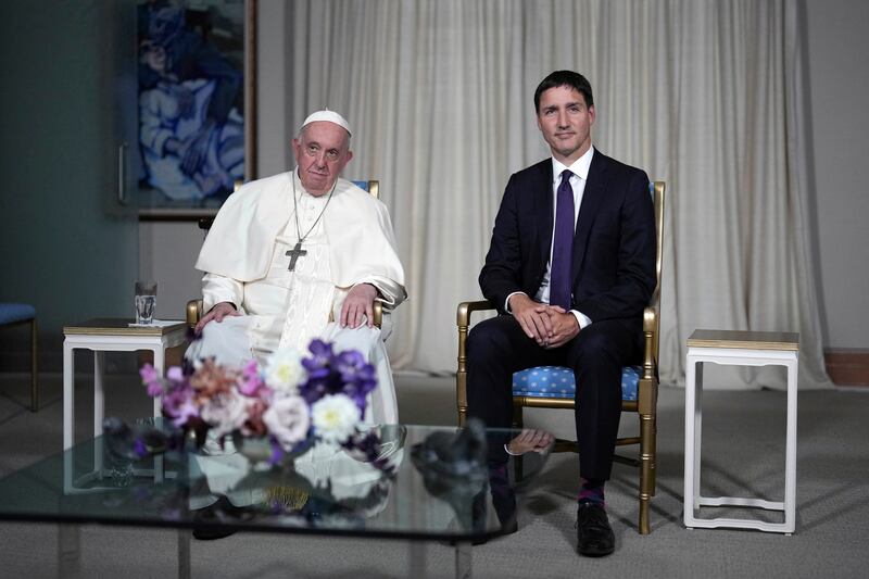 Pope Francis meets Mr Trudeau. The Canadian Press / AP