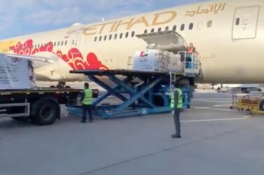 Medical aid is loaded onto an Etihad flight bound for the UK. The UAE had sent more than 700 tonnes of medical supplies to 60 countries to fight Covid-19. Courtsey: Twitter