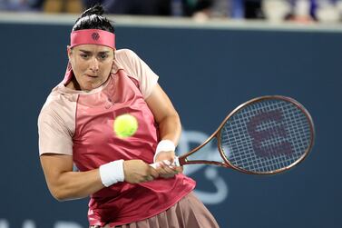 Ons Jabeur playing against Emma Raducanu in the Mubadala Abu Dhabi open held at Zayed Sports City in Abu Dhabi. Pawan Singh / The National  