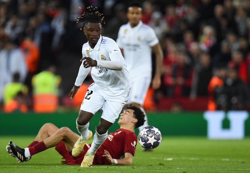 Eduardo Camavinga 8: Key player in midfield alongside Modric as Real managed to turnaround two-goal deficit in some style at Anfield. Won important tackles and kept things simple with his distribution. EPA