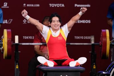 China's Guo Lingling celebrates during the women’s -41kg powerlifting at the Paralympics. Getty