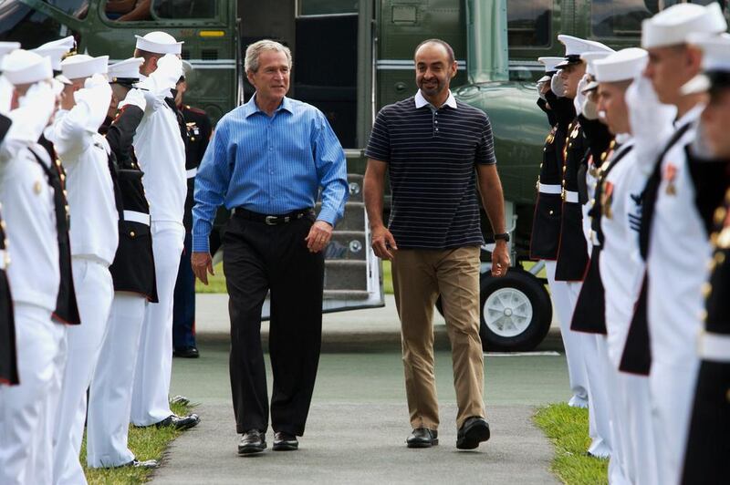 US president George W Bush welcomes Sheikh Mohammed bin Zayed on his arrival at Camp David in Maryland. Jamie Rose for The National / June 26, 2008