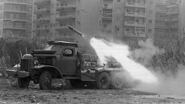 A rocket is fired into an apartment building during the Lebanon Civil War. Getty Images