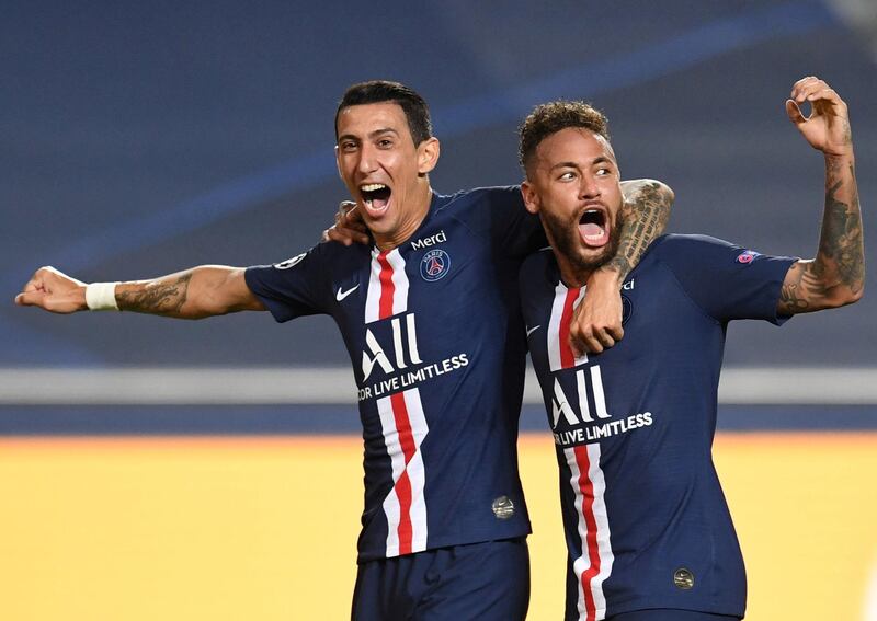 PSG's Angel Di Maria celebrates scoring their second goal with Neymar. Reuters