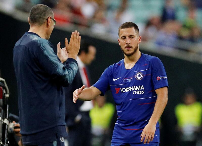 Hazard with manager Maurizio Sarri after he was substituted. Reuters