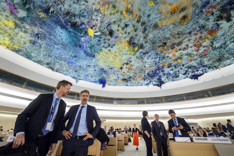 Delegates gather prior to the opening of a special session of the United Nations (UN) Human Rights Council to discuss "the deteriorating human rights situation" in the Palestinian Territories, after Israeli forces killed 60 Palestinians, on May 18, 2018 in Geneva. The UN Human Rights Council will meet on May 18,2018 to decide whether to send international war crimes investigators to probe the deadly shootings of Gaza protesters by Israeli forces.The special session of the UN's top rights body will consider a draft resolution calling for the council to "urgently dispatch an independent, international commission of inquiry", the UN's highest level investigation.
 - 
 / AFP / Fabrice COFFRINI
