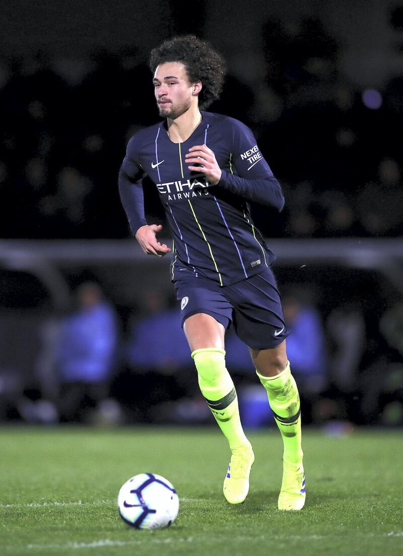 BOREHAMWOOD, ENGLAND - JANUARY 14: Philippe Sandler of Manchester City runs with the ball during the Premier League 2 match between Arsenal and Manchester City at Meadow Park on January 14, 2019 in Borehamwood, England. (Photo by Alex Pantling/Getty Images)