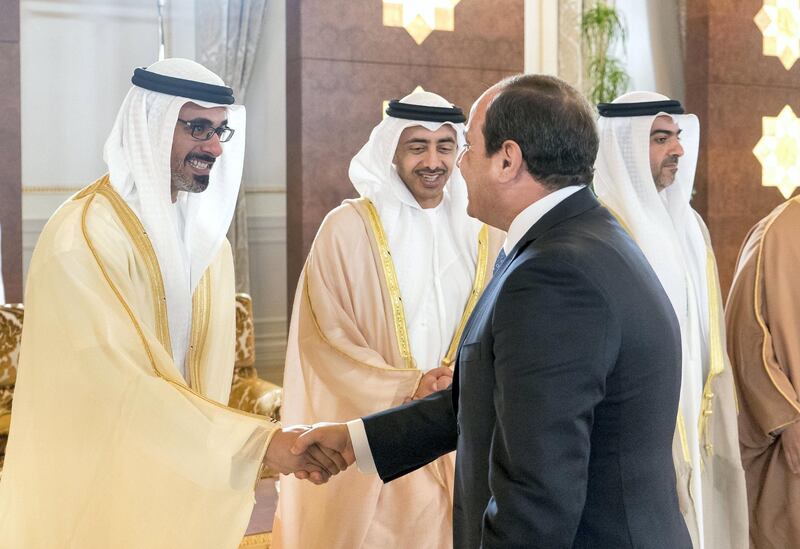 ABU DHABI, UNITED ARAB EMIRATES - February 06, 2018: HH Major General Sheikh Khaled bin Mohamed bin Zayed Al Nahyan, Deputy National Security Adviser (L), greets HE Abdel Fattah El Sisi, President of Egypt (R), during a reception at the Presidential Airport. seen with HH Sheikh Abdullah bin Zayed Al Nahyan, UAE Minister of Foreign Affairs and International Cooperation (C) and HH Sheikh Hamed bin Zayed Al Nahyan, Chairman of the Crown Prince Court of Abu Dhabi and Abu Dhabi Executive Council Member (back R). 

( Rashed Al Mansoori / Crown Prince Court - Abu Dhabi )
---