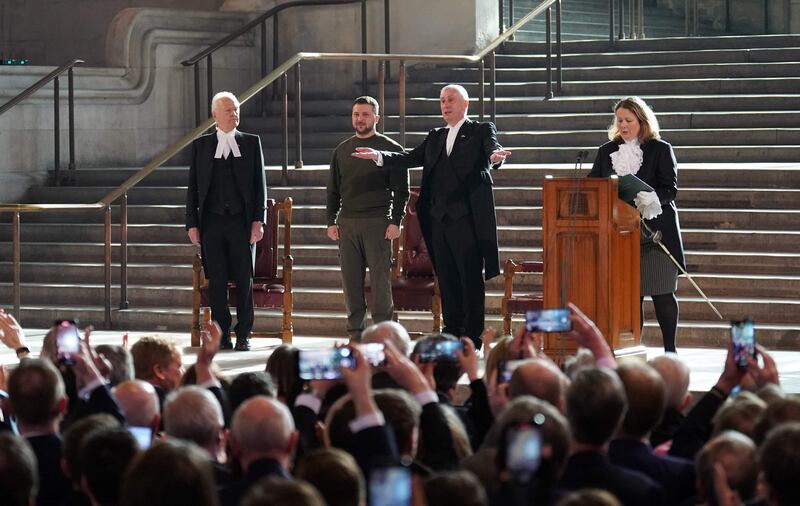 Speaker of the House of Commons Sir Lindsay Hoyle welcomes Mr Zelenskyy to Westminster Hall. AFP