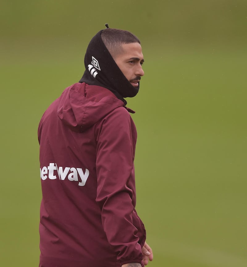 ROMFORD, ENGLAND - OCTOBER 23:  Manuel Lanzini of West Ham United during training at Rush Green on October 23, 2020 in Romford, England.  (Photo by Arfa Griffiths/West Ham United FC via Getty Images)