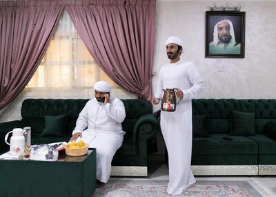 RAS AL KHAIMAH, UNITED ARAB EMIRATES. 29 JULY 2020. 
Saud and Abdullah Al Shehhi  in their majlis in Al Jeer.
(Photo: Reem Mohammed/The National)

Reporter:
Section: