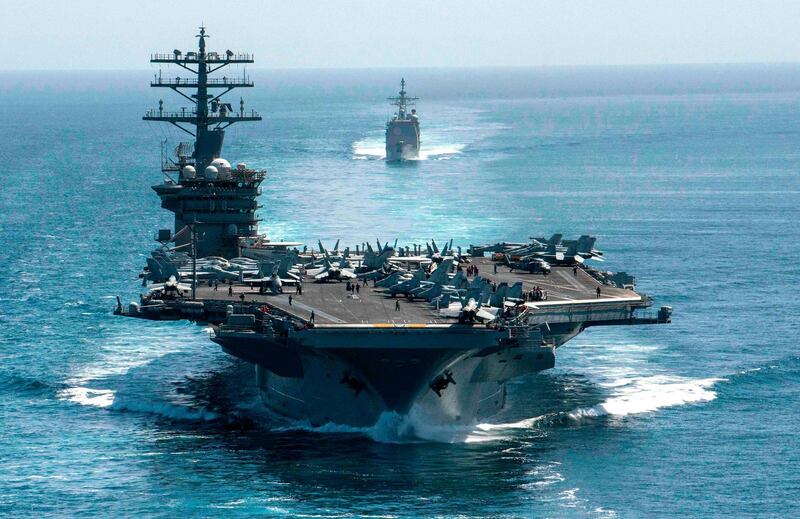 The US Navy’s USS Nimitz aircraft carrier was ordered back to the Arabian Gulf to show capability as it withdraws troops from Afghanistan and Iraq and to deter adversaries moving against the US, US Fifth Fleet said. AFP PHOTO / US NAVY