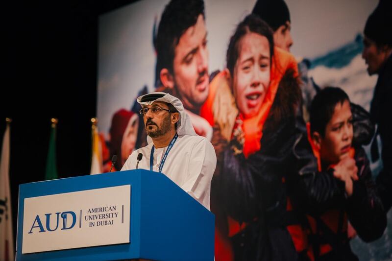 Hussain Al Hammadi, the Minister of Education, speaks on Monday at the UNHCR’s Youth Engagement and Global Refugee Crisis conference at American University Dubai. Alex Atack for The National