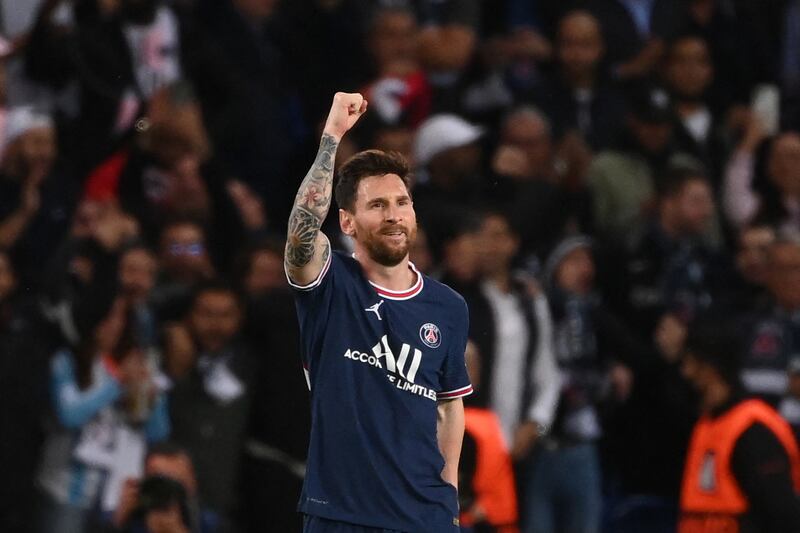 Paris Saint-Germain's Argentina forward Lionel Messi celebrates after scoring his team's second goal during the Champions League match against Manchester City. AFP