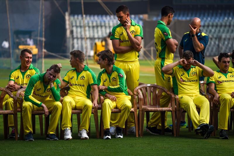 Australian players wait for a photoshoot at the Wankhede Stadium in Mumbai. AFP