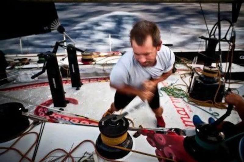 Brad Jackson of Team Puma hard at work as the team battle for the lead during Leg 3 of the Volvo Ocean Race.