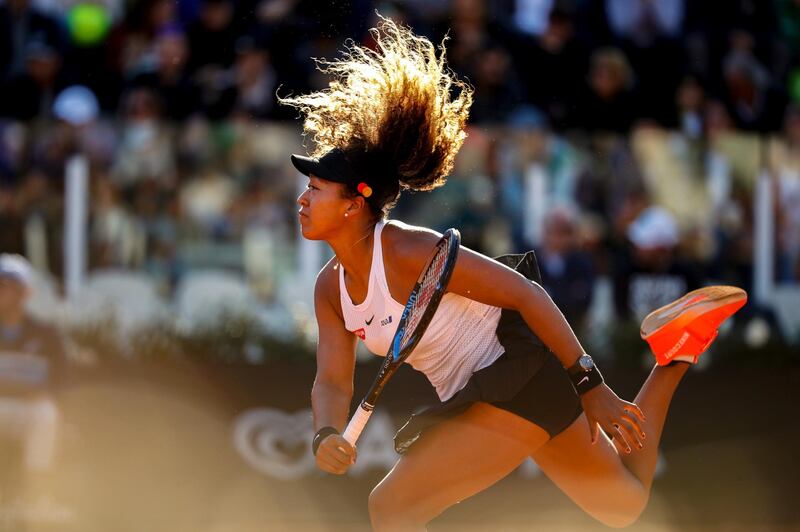 ROME, ITALY - MAY 16: Naomi Osaka of Japan serves against Mihaela Buzarnescu of Romania in their Women's Singles Round of 16 match during Day Five of the International BNL d'Italia at Foro Italico on May 16, 2019 in Rome, Italy. (Photo by Adam Pretty/Getty Images) ***BESTPIX***