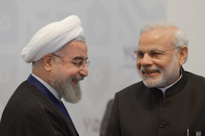 Iranian president Hassan Rouhani and Indian prime minister Narendra Modi met in Ufa, Russia, on July 9, 2015, on the sidelines of a summit of the Brics emerging economies. Ria Novosti / AFP