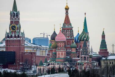 The Kremlin, St Basil's Cathedral and the Zaryadye Park in downtown Moscow on March 13, 2018. Mladen Antonov / AFP