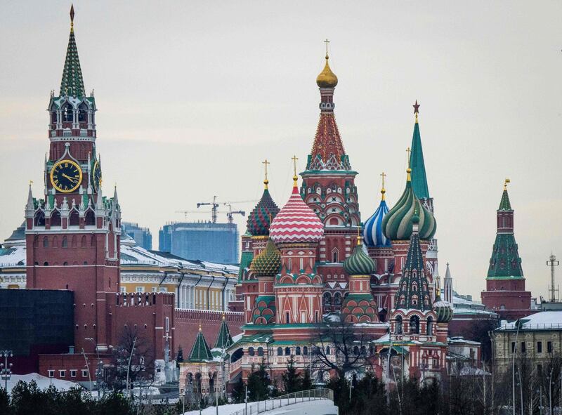 A view of the Kremlin, St. Basil's Cathedral and the Zaryadye Park in downtown Moscow on March 13, 2018.
Russia will vote for President on March 18, 2018. / AFP PHOTO / Mladen ANTONOV