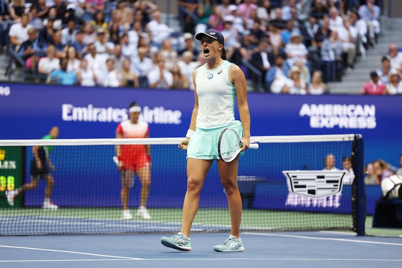 Iga Swiatek celebrates a point against Ons Jabeur during the US Open final. Getty