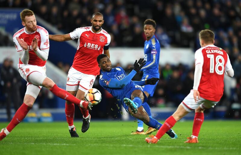 LEICESTER, ENGLAND - JANUARY 16:  Kelechi Iheanacho of Leicester City is blocked by the Fleetwood defence during The Emirates FA Cup Third Round Replay match between Leicester City and Fleetwood Town at The King Power Stadium on January 16, 2018 in Leicester, England.  (Photo by Michael Regan/Getty Images )