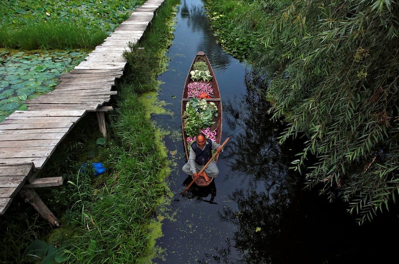 A vegetable vendor rows his boat towards a floating market on Dal lake in Srinagar. Danish Ismail / Reuters