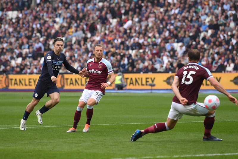 Jack Grealish scores City's first goal at the London Stadium. Getty