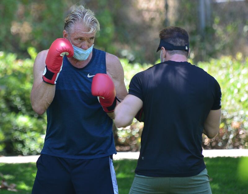 In the US: Exclusive All Round; In the UK: Exclusive All Round; Web - £150 set fee or £50 pp; Print: premium rates apply. Contact your account manager for pricing.
Mandatory Credit: Photo by London Entertainment/Shutterstock (10701870m)
Exclusive - Dolph Lundgren during a boxing workout in Beverly Hills
Exclusive - Dolph Lundgren out and about, Los Angeles, USA - 04 Jul 2020